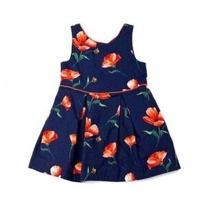 Janie and Jack Navy Floral‎ Print Dress with Red Trim Sleeveless Pleated Skirt